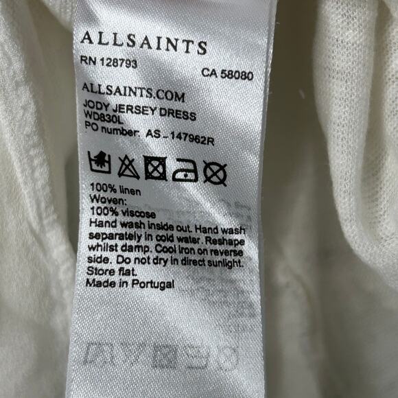 AllSaints Jody Jersey Dress White XS Linen Cap Sleeve Gathered Skirt Drop Waist - Picture 11 of 11